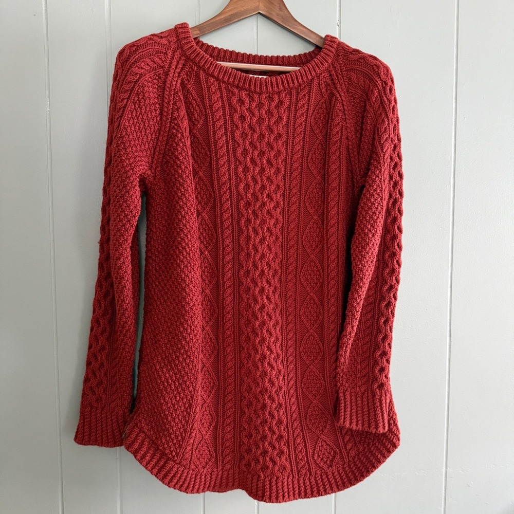 LL Bean Signature Red Cable Knit Cotton Sweater Side Zip Pullover L 297470
